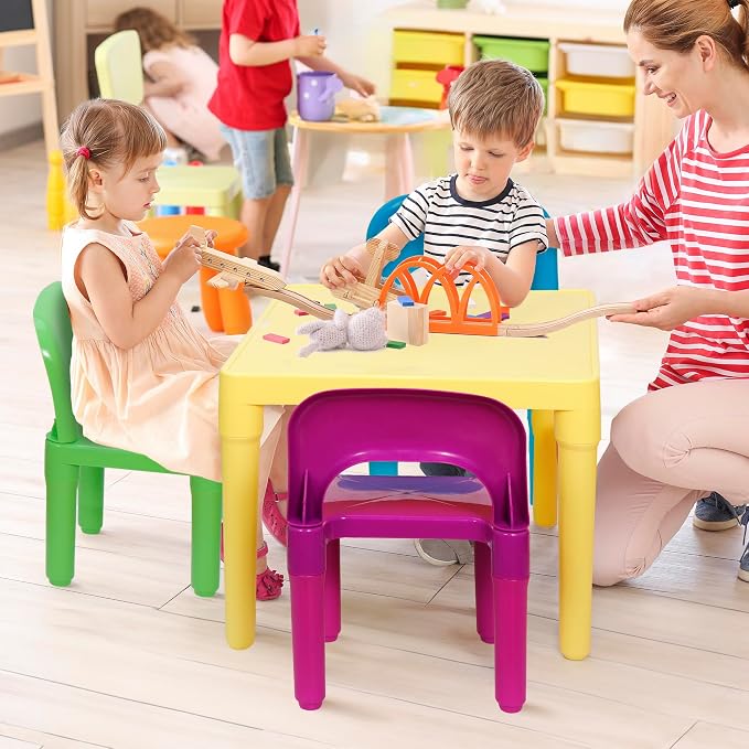 ZENY Kids Plastic Table and 4 Chairs Set, Multicolor Play Room Furniture for Reading, Train, Art, Crafts, Play