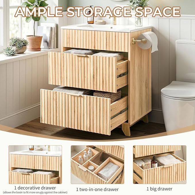 VINGLI 24 Inch Bathroom Vanity with Sink, Modern Fluted Bathroom Vanity Cabinet with Drawers, Freestanding Oak Bathroom Sink Cabinet, Ceramic Basin, Side Toilet Paper Holder, Oak