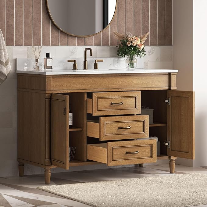 48 Inch Bathroom Vanity with Sink Combo, Light Walnut | Classic Cabinet with Countertop & Backsplash, Solid Wood Frame with Soft Closing Doors & 3 Dovetail Drawers, Ceramic Sink