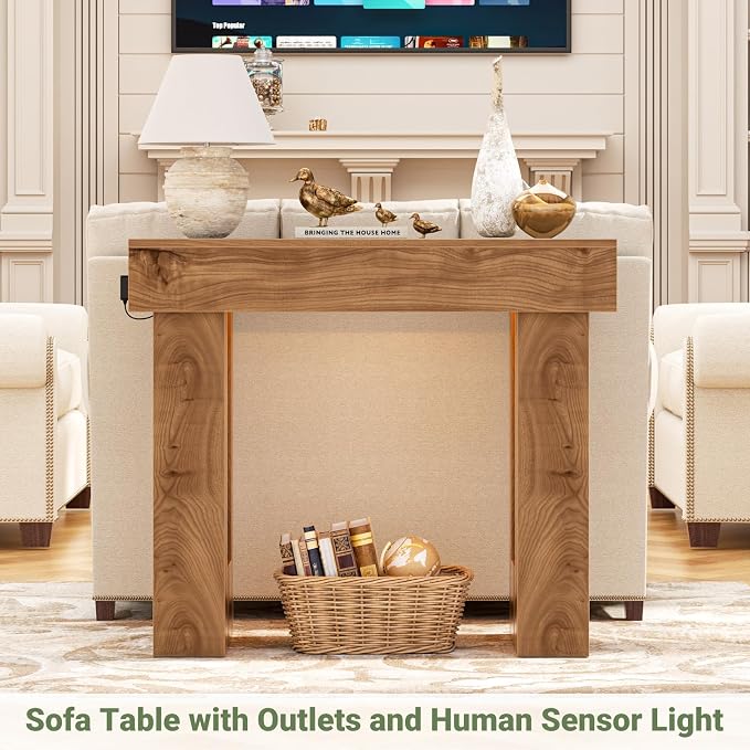 Unikito 39" Entry Table with Sensor Light and Power Outlets, Natural Oak
