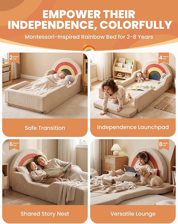 Toddler Bed with Mattress Included, Rainbow Toddler Floor Beds No Assembly Needed, Soft Foam Kids Floor Bed with Fold-Down Rails, No Wood Frame Safety Floor Beds for Boys and Girls Aged 2-8 Years
