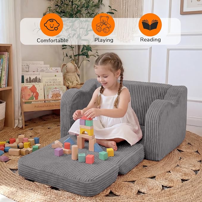 MeMoreCool Kids Chair, 2-in-1 Corduroy Fold Out Sofa, Foam Seat, Light Grey