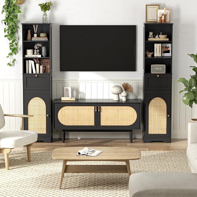 Tall Narrow Rattan Bathroom Storage Cabinet with Doors and Drawers, Black | Freestanding Skinny Tower Linen Cabinet, Rattan Door, Rattan Drawer, Adjustable Shelves, Open Storage, for Kitchen, Bathroom