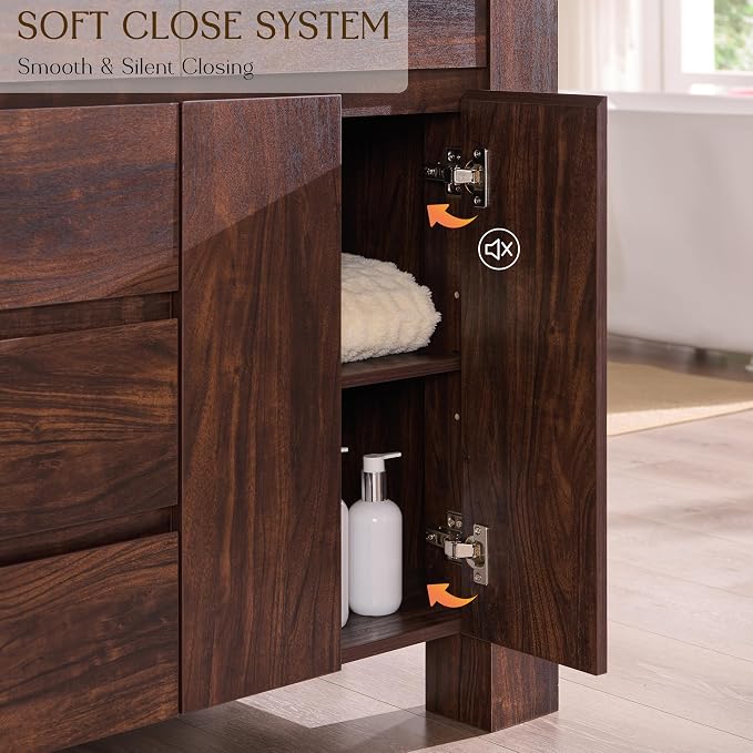 T4TREAM 48 Inch Modern Bathroom Vanity with Double Sink, Dark Walnut | Integrated Resin Sink, 4 Soft-Close Doors & 3 Drawers, Handle-Free Design, Thick Heavy-Duty Legs, Walnut Grain Finish