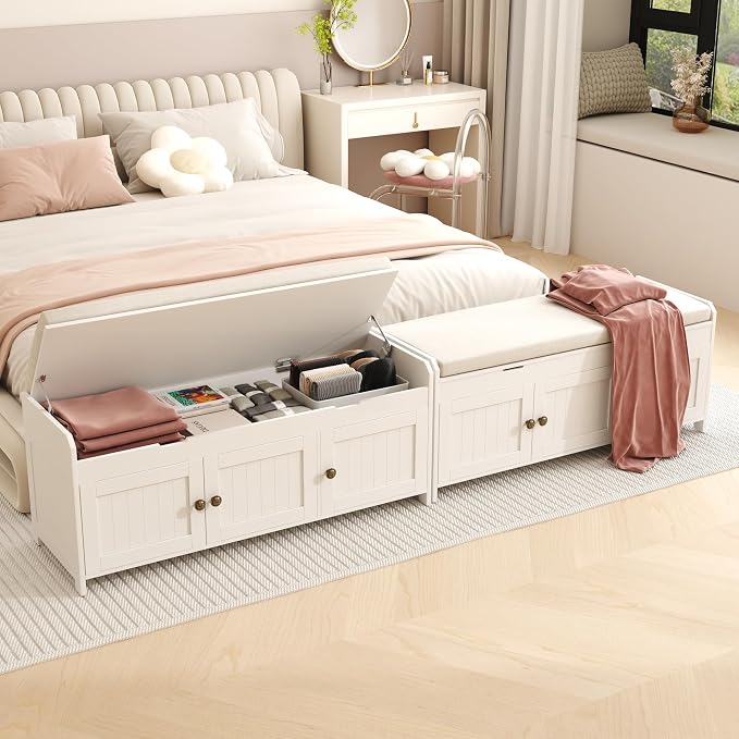 HOMEFORT 41.3" Shoe Bench with Lift Top Storage, Entryway Bench with Cushioned Seat, Wooden End of Bed Bench, Shoe Cabinet Bench with Hidden Storage Space, for Bedroom, Hallway,White