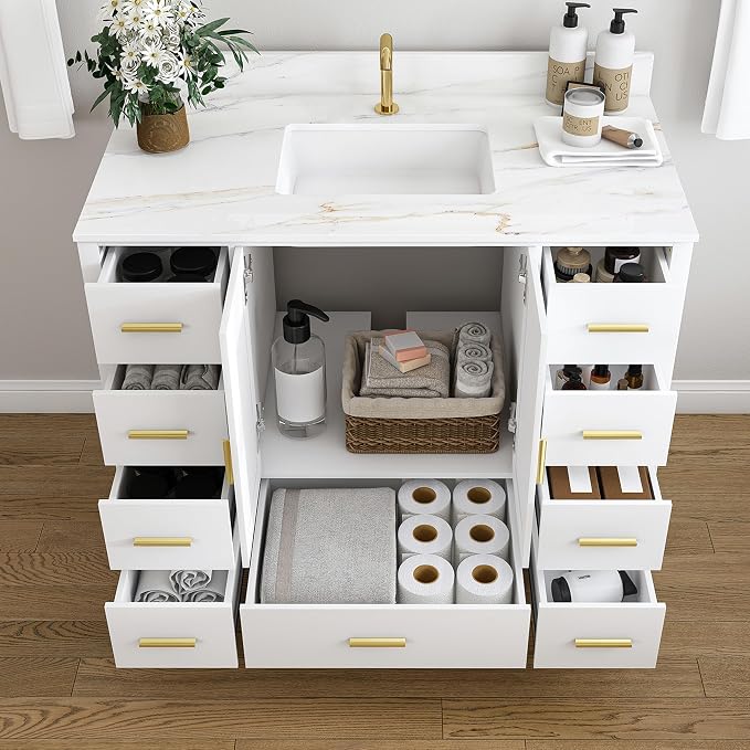 Montary 42" Bathroom Vanity with Sink & 43" Carrara Sintered Stone Top | with 1 Pre-Drilled Faucet Holes, Solid Wood Cabinet, Soft-Close Double Doors & 9 Smooth-Glide Drawers,White