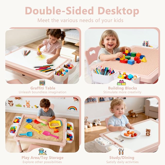 Kinder King Kids Table & 2 Chairs Set, Adjustable Heights, Storage, Pink