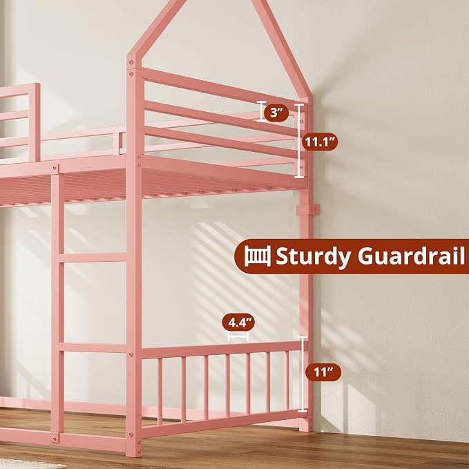 LIKIMIO Bunk Bed Twin Over Twin, House Bunk Bed Frame with Ladder, Pink