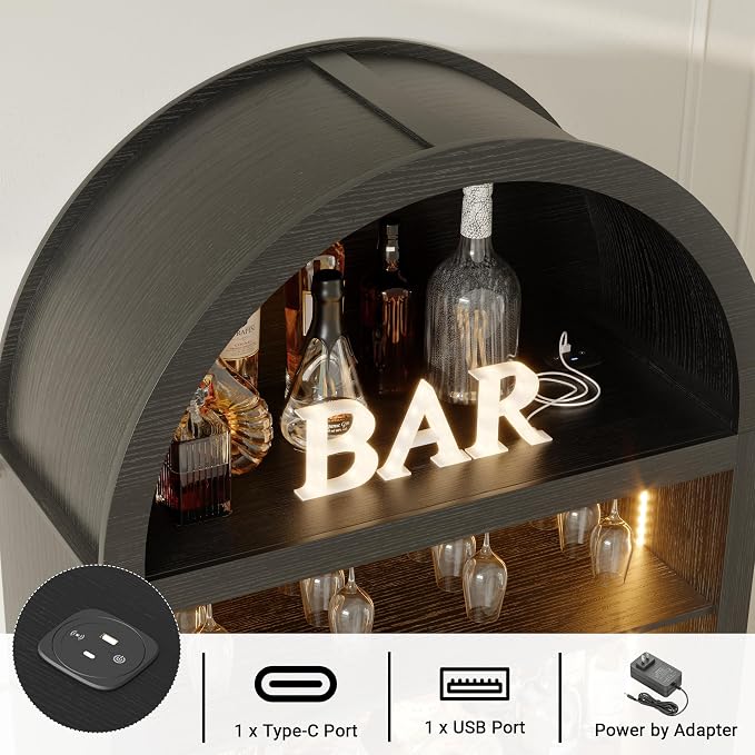 Arched Wine Bar Cabinet with LED Lights, 71" Tall Liquor Cabinets with 4 Glasses Holders & Wine Rack, Alcohol Display Storage Cabinet for Living Room, Kitchen Pantry, Dining Room (Black)