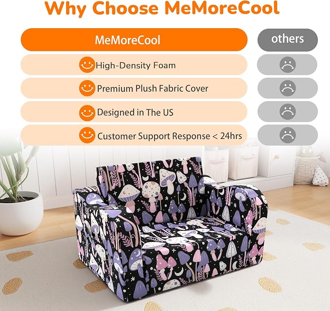 MeMoreCool Kids Couch, Fold Out Sofa Chair with Side Pocket, Mushroom Print