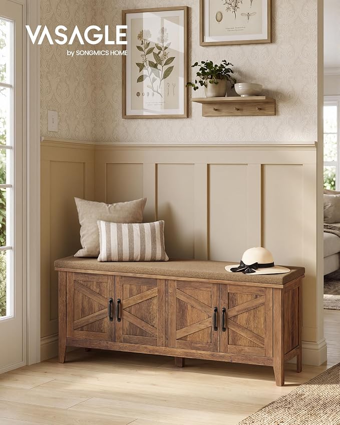 VASAGLE Shoe Bench, Farmhouse Entryway Bench with Cushion，47.2 inches Wide