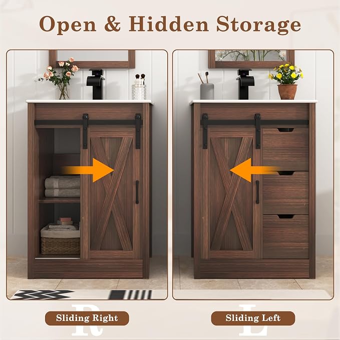 chartustriable 24 Inch Bathroom Vanity with Sink & Faucet & Mirror, Farmhouse Bathroom Vanity Cabinet Set with Sliding Barn Door & Drawers, Small Single Bath Storage Vanity Sink, Brown