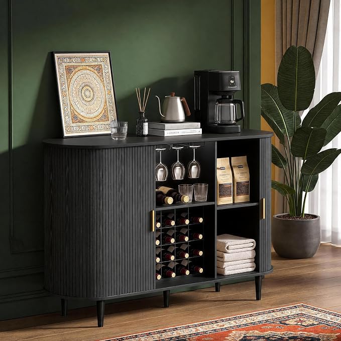 DHH 55" Wine Bar Cabinet with Storage, Fluted Liquor & Coffee Bar Cabinet with Wine Rack and Glass Holder, Buffet Sideboard with LED Lights for Home Kitchen Living Dining Room(Black)
