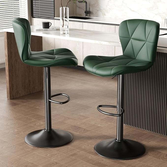 Nalupatio Modern Bar Stools Set of 3, Adjustable Faux Leather Upholstered Swivel Bar Stools, Counter Height Bar Chairs with Back for Kitchen Island, Green