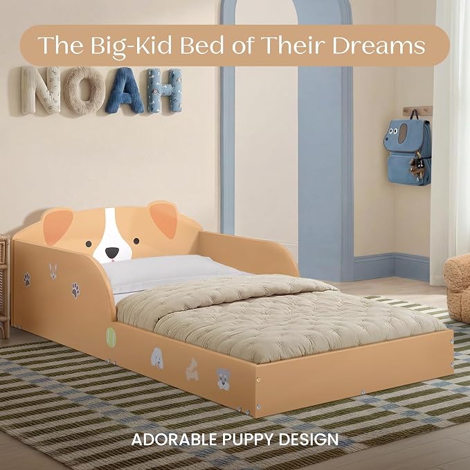 Delta Children Puppy Wood Floor Toddler Bed with Reusable Stickers, Brown