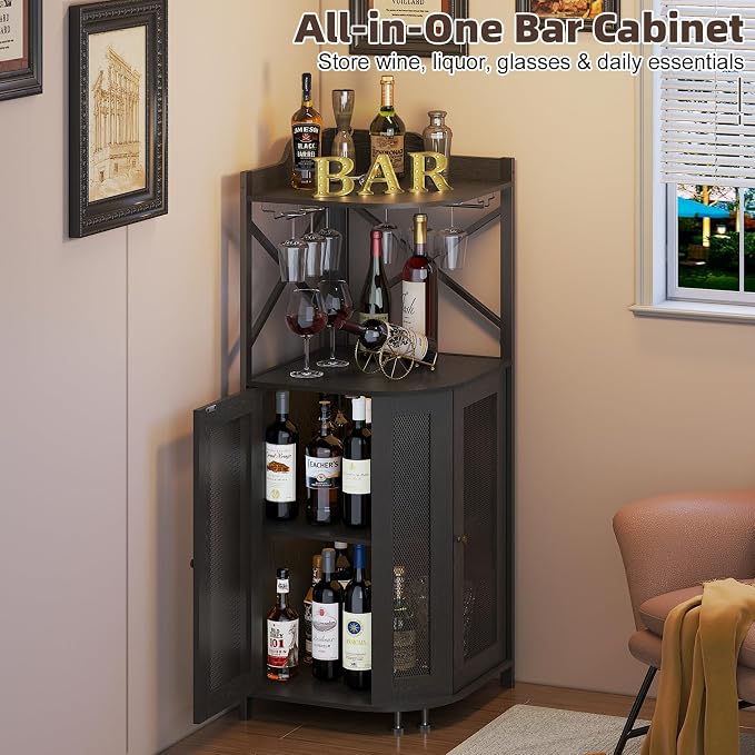 JKsmart 4-Tier Corner Bar Cabinet with LED Light and Glass Holder, Mini Bar