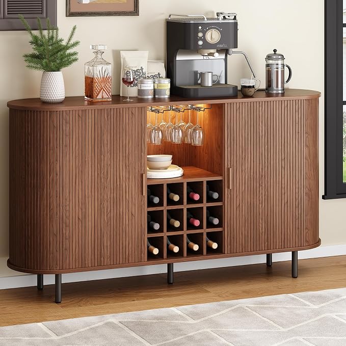 ONBRILL 63" Fluted Wine Bar Cabinet with LED Light Walnut