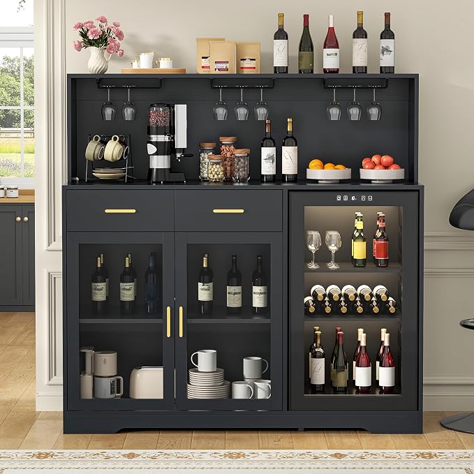 Gyfimoie 53" Wine Bar Cabinet with Fridge Space & Outlets, Large Coffee Bar Table with Storage Drawer,Liquor Cabinet with Wine Rack for Home, Living Room, Dining Room, Kitchen (Black)