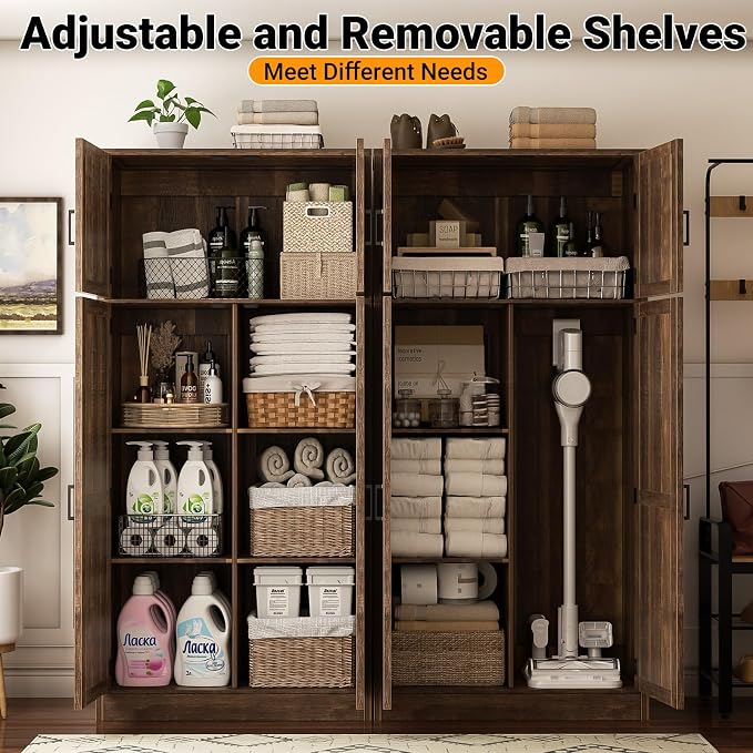 Unikito 71” Tall Kitchen Pantry Storage Cabinet with Adjustable Shelves | Large Farmhouse Storage Cupboard, Barn Doors, Sturdy and Deep, Versatile for Dinning Room, Living Room, Weathered Brown