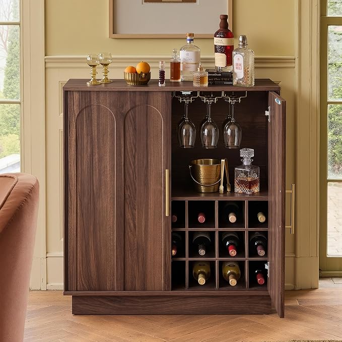 FORTUNETEC 31.5" Wine Bar Cabinet, Mid Century Modern Sideboard, Walnut