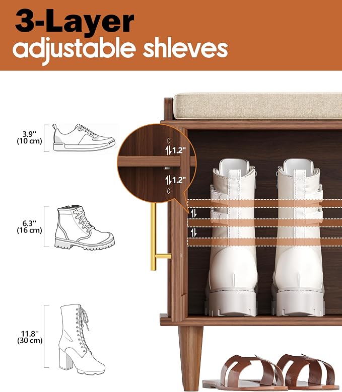 Akxomel 47.2" Rattan Shoe Storage Bench 4 Doors Entryway Bench Walnut