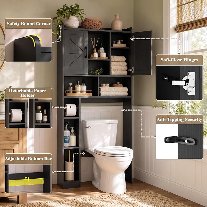 Farmhouse Over The Toilet Storage Cabinet with Barn Door, Reversible Side | 7-Tier Bathroom Organizer, Adjustable Shelves Bottom Bar, Detachable Paper Holder, Anti-Tipping, Laundry Room, Black