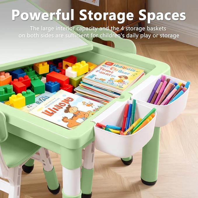Kinder King Kids Table & 2 Chairs Set, Adjustable Heights, Storage, Green