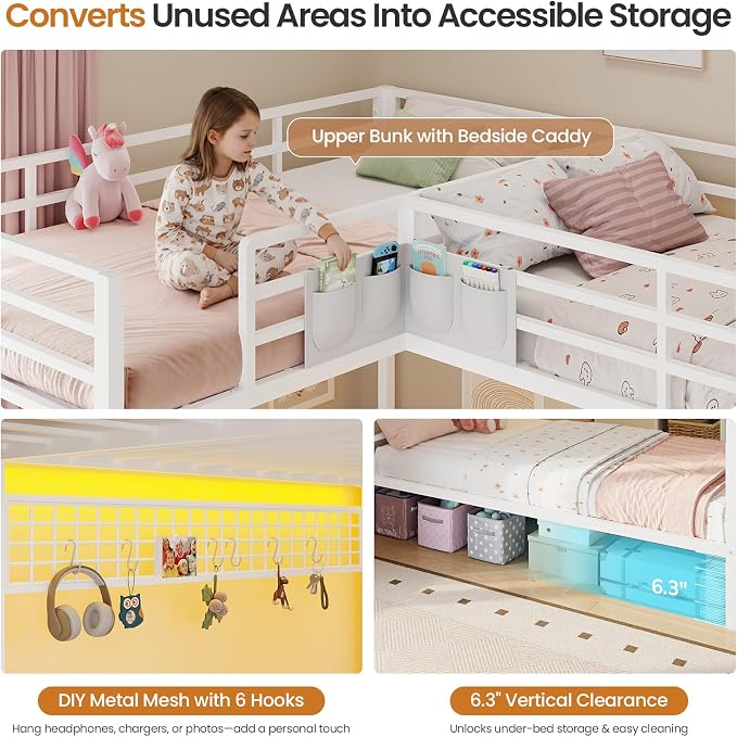 Triple Bunk Bed Twin Over Twin with 9 Storage Drawers and LED Lights, White