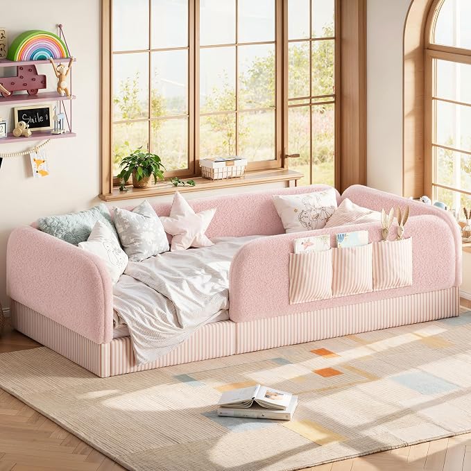 Bellemave Twin Upholstered Montessori Floor Bed with Storage Pocket,Pink