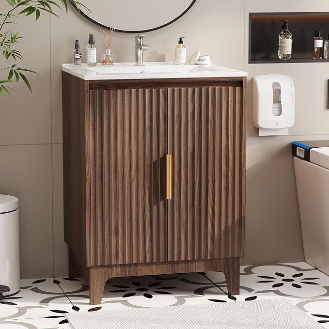 VINGLI 24 Inch Bathroom Vanity with Sink, Mid-Century Modern Vanity with Ceramic Basin and Fluted Soft-Close Doors, U-Shape Storage Shelf,Free Standing Small Bathroom Sink Cabinet Combo Set,Walnut