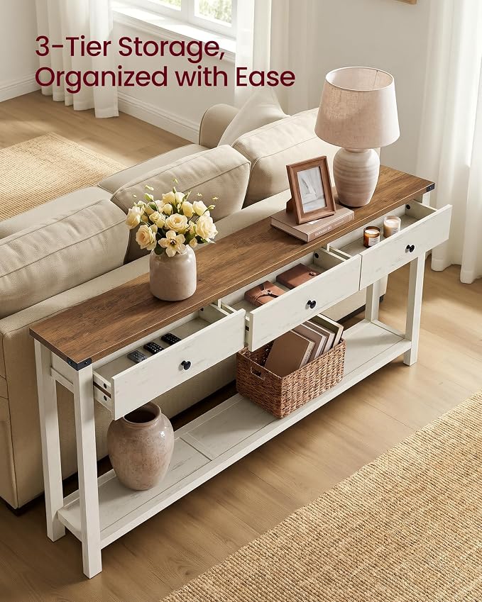 VASAGLE 63 Inche Narrow Console Table with 3 Drawers and Open Storage Shelf