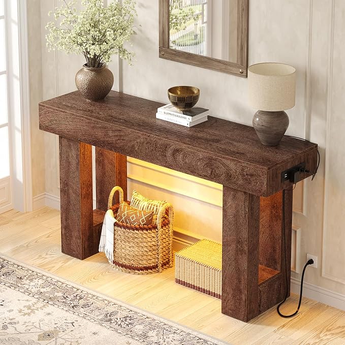 Unikito 47" Entryway Table with Socket & Sensor Light, Rustic Oak