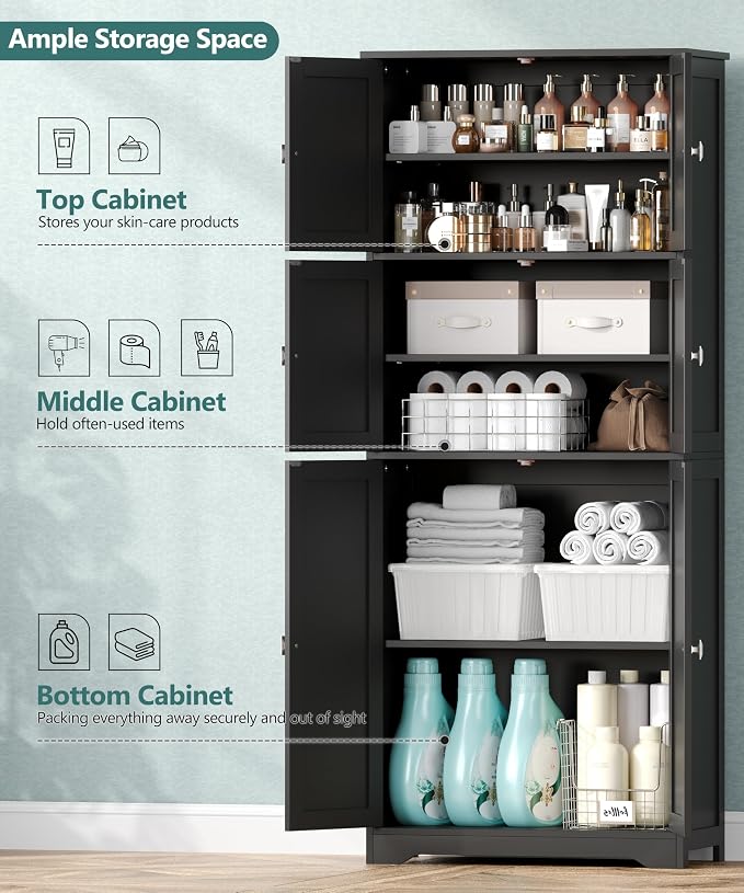 Tall Bathroom Storage Cabinet, 63" H Linen Floor Cabinet | Pantry Storage Cabinet with 6 Doors and Adjustable Shelves, for Bathroom, Living Room, Laundry Room, Kitchen, Black
