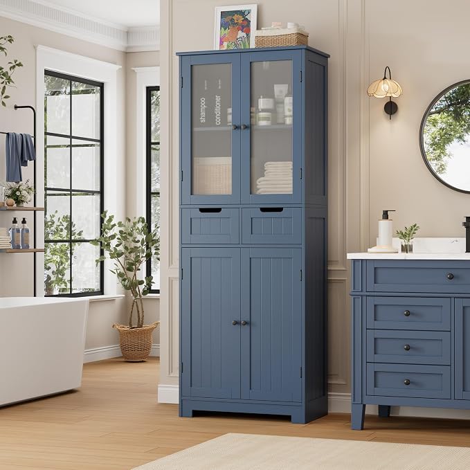HORSTORS 67" H Bathroom Storage Cabinet, Blue Linen Cabinet with Drawers | Freestanding Bathroom Cabinet with Glass Door & Shelf, Modern Tall Storage Cabinet for Bathroom, Living Dining Room, Kitchen