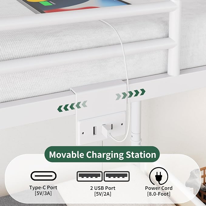 Jocoevol Metal LED Bunk Bed Twin Over Twin with 2 Storage Drawers, USB Charging Station, Industrial Bunkbeds Heavy Duty Bed with Safety Guardrail and Ladder, No Box Spring Needed, White