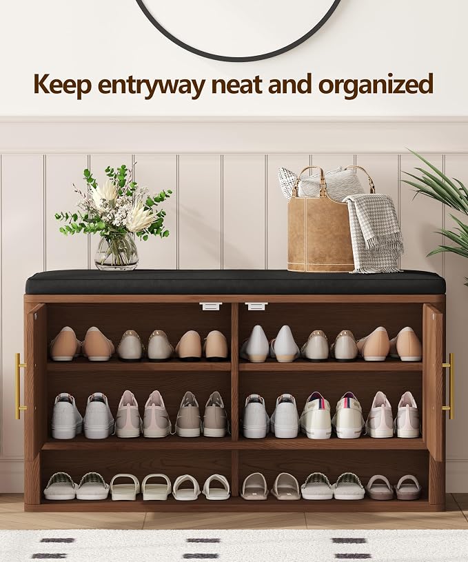 Fluted Shoe Storage Bench, Entryway Bench with Adjustable Shelves