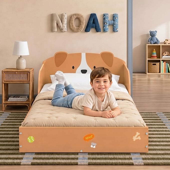 Delta Children Puppy Wood Floor Toddler Bed with Reusable Stickers, Brown