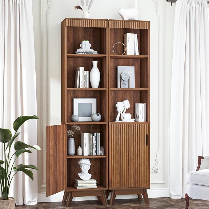 Bifins 68" Tall Walnut Bathroom Storage Cabinet,15.7" Width | Narrow,Fluted Door,Adjustable Shelf,5 Tier,Next to Toilet,Next to TV Stand,Laundry Storage,Space Saving,Tower Storage
