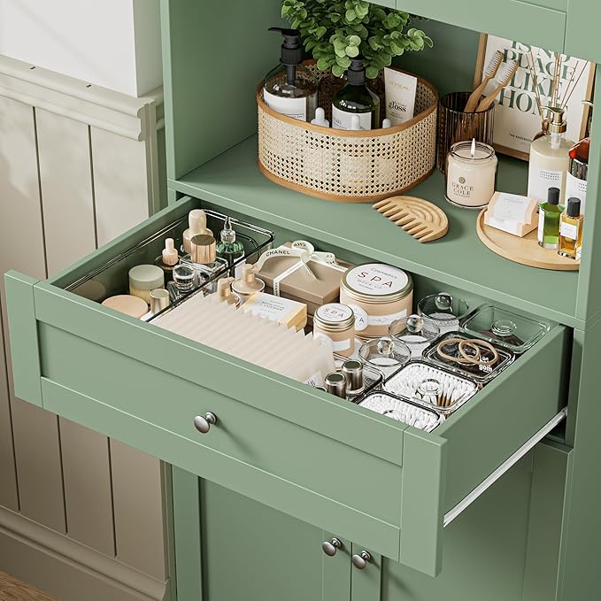 HIFIT Tall Bathroom Storage Cabinet with Drawer, Modern Linen Cabinet,Green | 67"H Tall Storage Cabinet with Doors & Shelves, Freestanding Kitchen Pantry for Bathroom, Dining Room, Laundry, Narrow Corner
