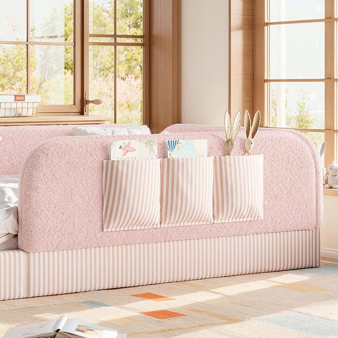 Bellemave Twin Upholstered Montessori Floor Bed with Storage Pocket,Pink