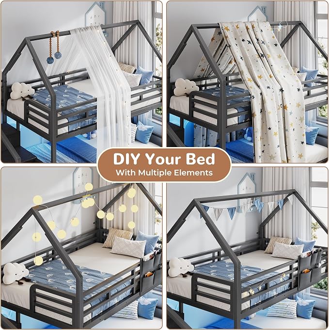 Jocoevol Metal Bunk Bed Twin Over Twin with Storage Staircase, Clothes Rack, LED Twin Bunk Beds for Kids with 2 Storage Drawers, Full-Length Guardrail, No Box Spring Needed, Easy Assembly, Black