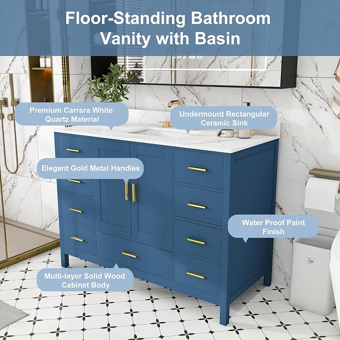 Montary 48" Bathroom Vanity with Sink & 49" Carrara Quartz Top | with 3 Pre-Drilled Faucet Holes, Solid Wood Cabinet, Soft-Close Double Doors & 9 Smooth-Glide Drawers,Blue