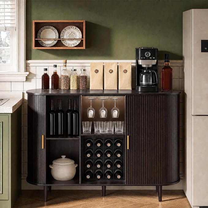 DHH 55" Wine Bar Cabinet with Storage, Fluted Liquor & Coffee Bar Cabinet with Wine Rack and Glass Holder, Buffet Sideboard with LED Lights for Home Kitchen Living Dining Room (Dark Walnut)