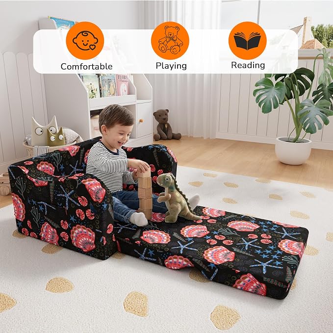 MeMoreCool Kids Sofa, 2-in-1 Fold Out Armchair, Washable Cover, Shell Print