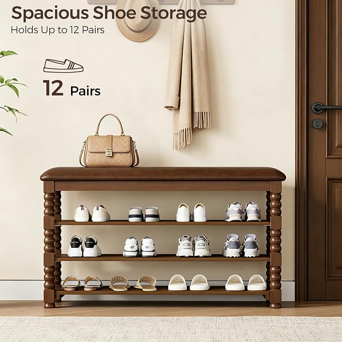 Homleke 39.4" Wide Solid Wood Shoe Rack Bench with Classic Turned Ball Legs