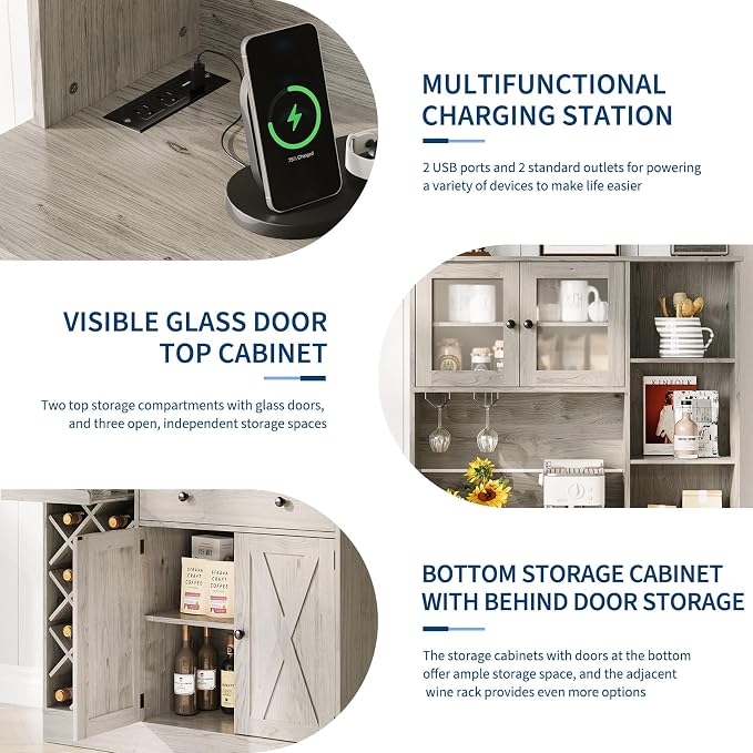 Garvee Coffee Bar Cabinet with Power Outlet & Exquisite Barn Doors, Sideboard Buffet Cabinet with Wine Bottle Rack, Storage Cabinet for Kitchen, Dining Room