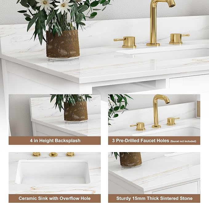 Montary 42" Bathroom Vanity with Sink & 43" Carrara Sintered Stone Top | with 3 Pre-Drilled Faucet Holes, Solid Wood Cabinet, Soft-Close Double Doors & 9 Smooth-Glide Drawers,White