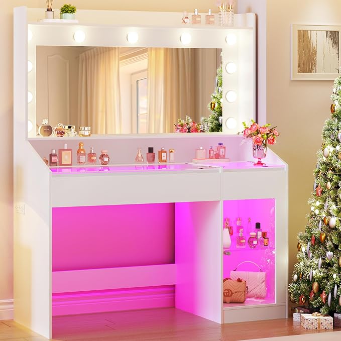HUAHUU Vanity Desk with Mirror & RGB Lights, White Makeup Vanity Table with 2 Transparent Top Large Drawers & RGB Cabinet, Vanity Desk with LED Lighted Mirror 3 Colors, Power Outlets, Flip-up Drawer
