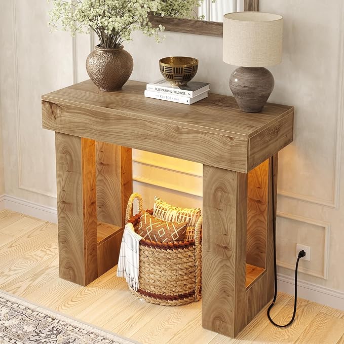 Unikito 39" Entry Table with Sensor Light and Power Outlets, Natural Oak