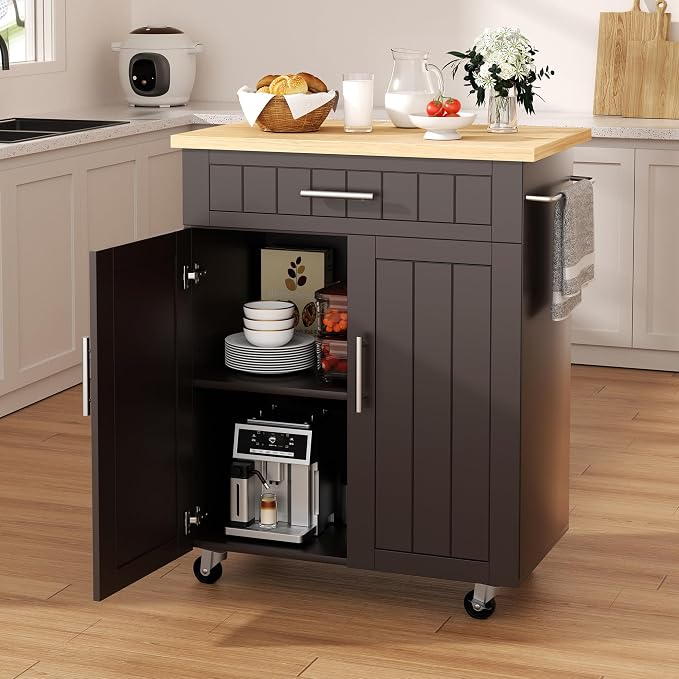 Shintenchi Kitchen Island cart with Storage, Portable Bar Cabinet on Wheels, Rolling Microwave Cart Side Table with Workstation for Kitchen, Dinning Room, Brown